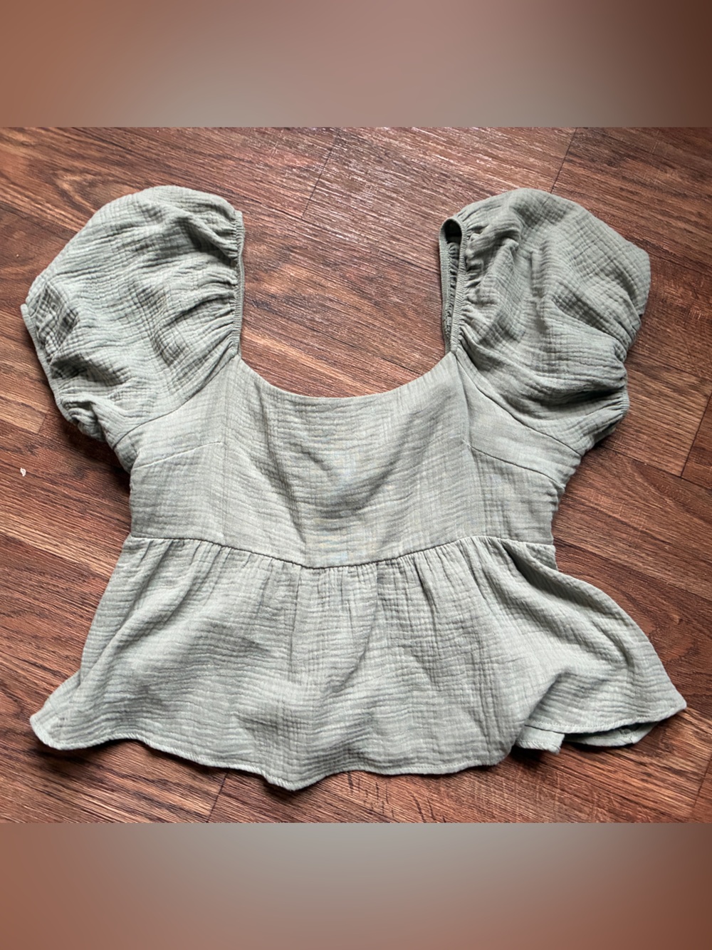 Altar'd State Sage Green Puff Sleeve Peplum Top